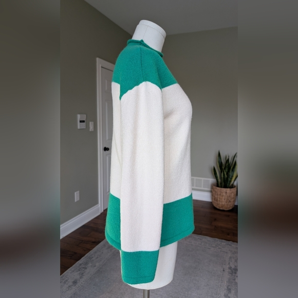 Soft Cashmere Blend Women's Sweater Colorblock Mock Neck Green Cream Knit Size S - Picture 3 of 16